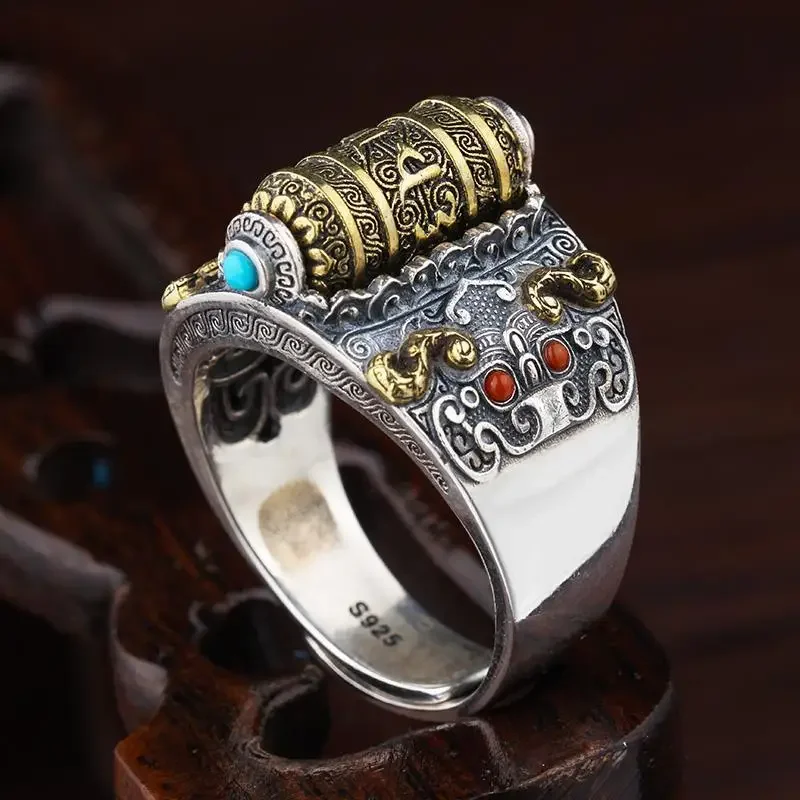 QN Lucky Spell Pure Silver Men's Rotatable Ring Trendy Retro Color