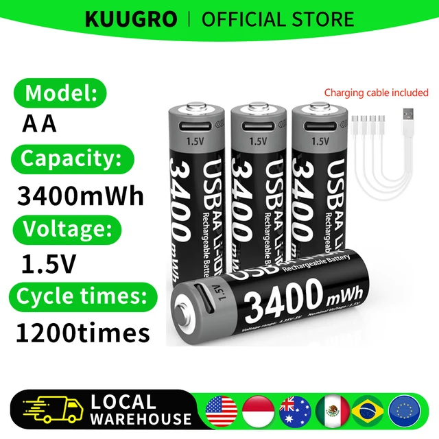 Kuugro USB AA 1.5V 3400mWh Type-C Rechargeable Lithium Battery for Hunting Camera Remote Control Mouse Smart Door Lock Toys 1