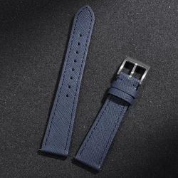 Vintage Stitched Saffiano Leather Watch Strap - Premium Quick Release Bracelet - 22mm (Blue)