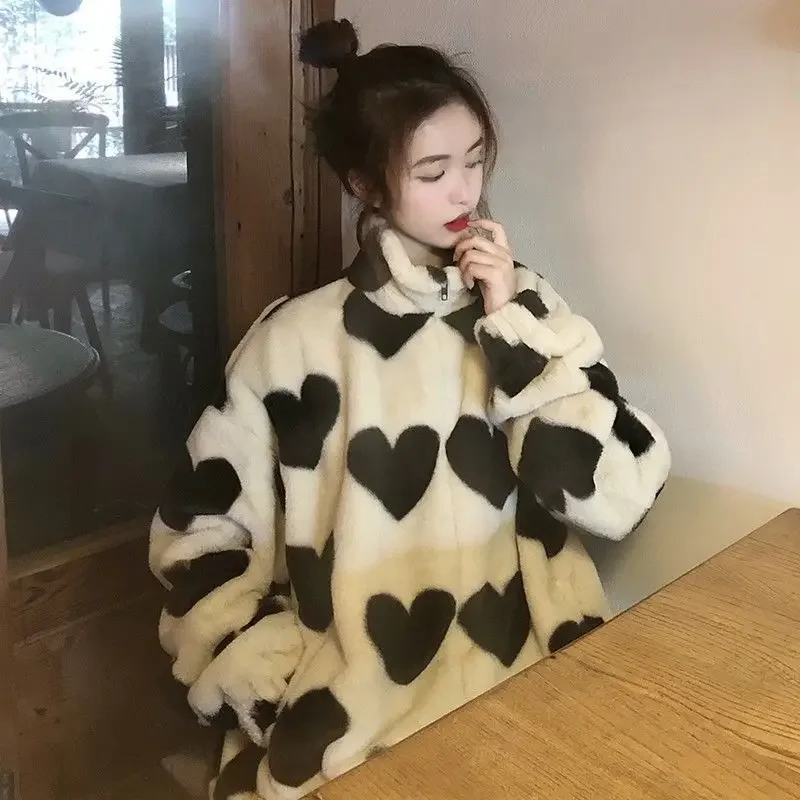 2022 Lamb Fleece Coat Love Lamb Fleece Cotton Coat Autumn and Winter Trend Loose Short Coat  Y2k