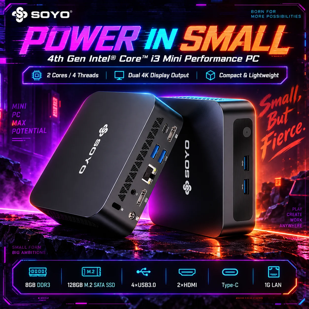 Soyo Mini Pc Y5 Intel Core I3 4Th Gen Processor 8Gb Ram 128Gb Ssd Windows 10 Mini Desktop Computer Multi-Screen 4K Output Wifi & Bluetooth 4.2 Usb-C Rj45 Ethernet Compact Small Pc for Home Office Business Daily Use