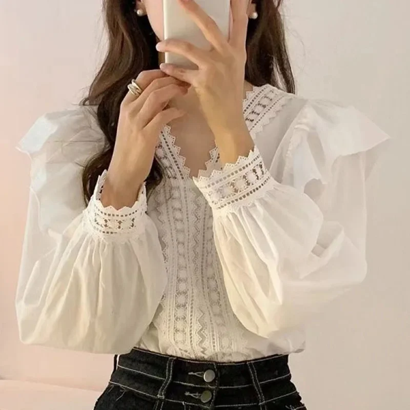 White V Neck Long Sleeve Women Blouse