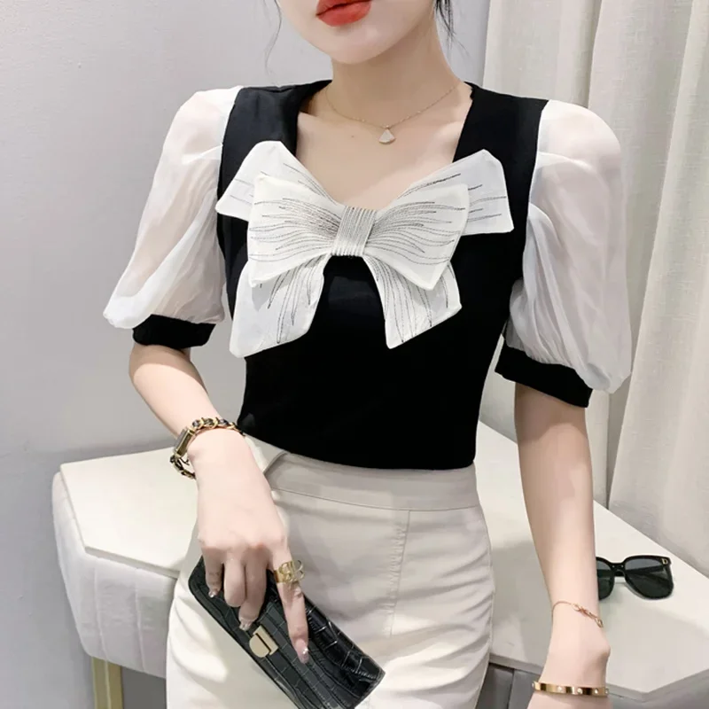 

Summer Spliced Color Short T Shirt Women Mesh Puff Sleeve Sexy Square Collar Bow Office Short Women's T-shirt Korean Style
