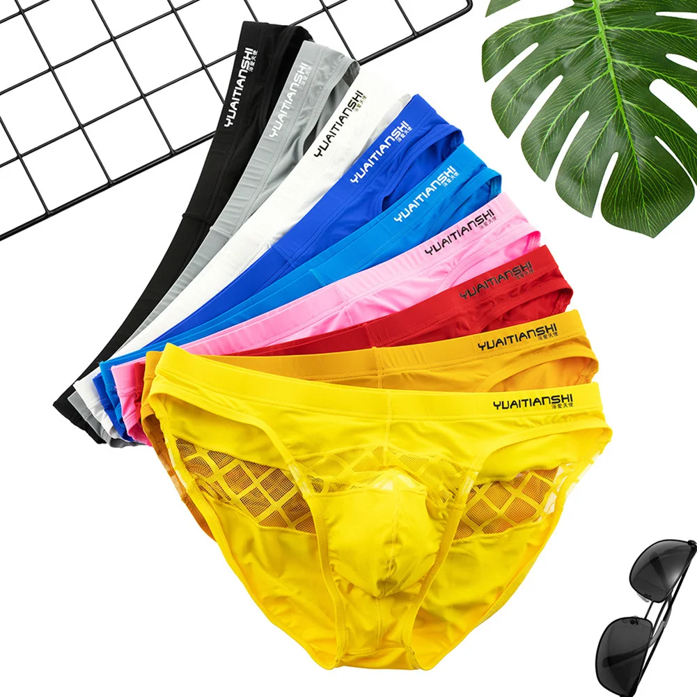 

Hollow Out Panties Mens Convex Pouch Underpants Extremely Sexy Bikini Thin Low-rise Breathable Briefs Solid Color Swimwear