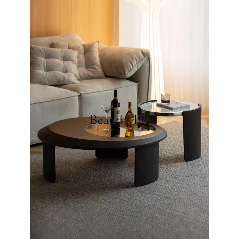 

Italian Minimalist Coffee Table Combination High-End Stone Plate Glass Coffee Table round Tea Table High and Low Combination