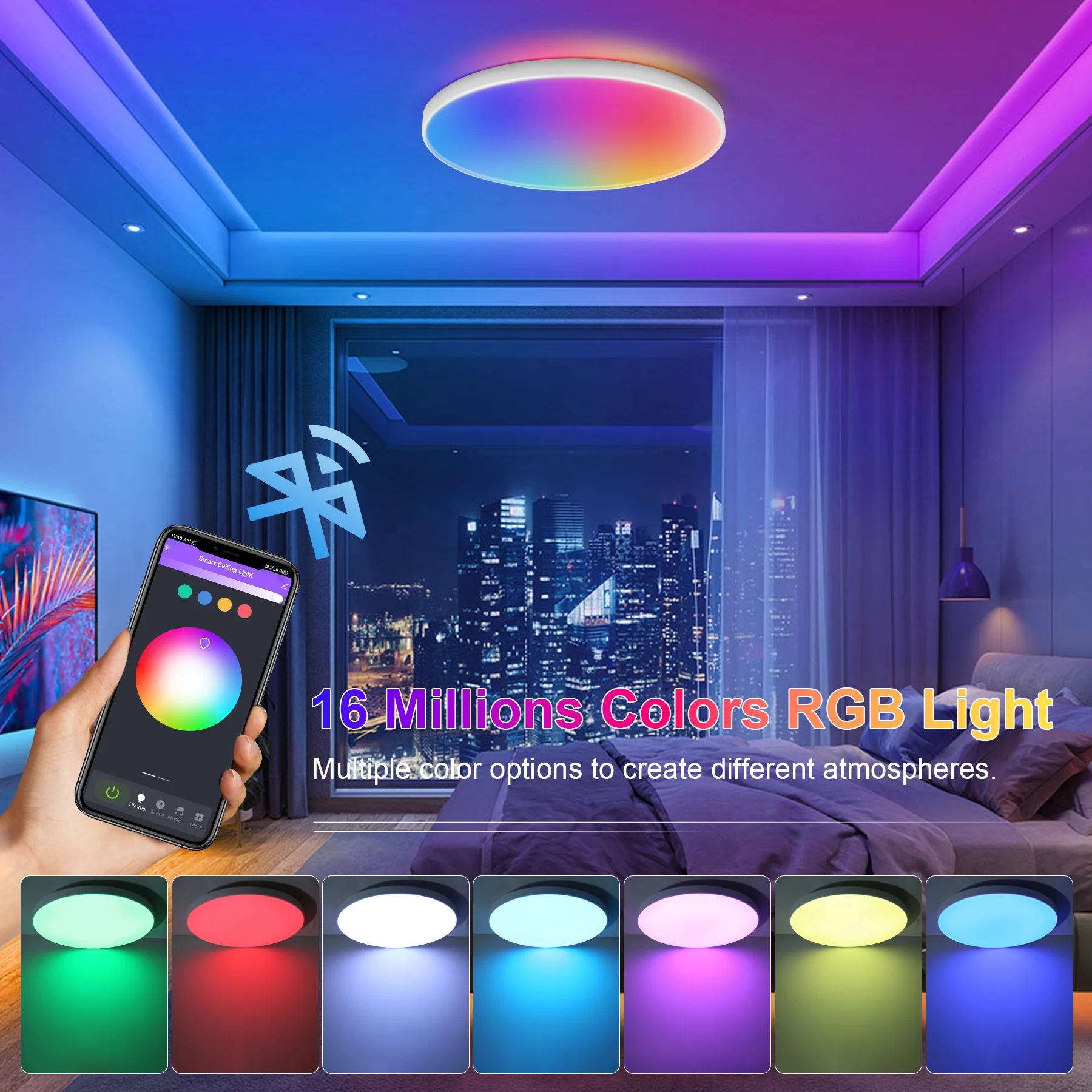 스마트 천장 조명 RGB 원격 제어 천장 램프 거실 욕실 파티 장식 천장 조명 85-265V 용 디밍 가능