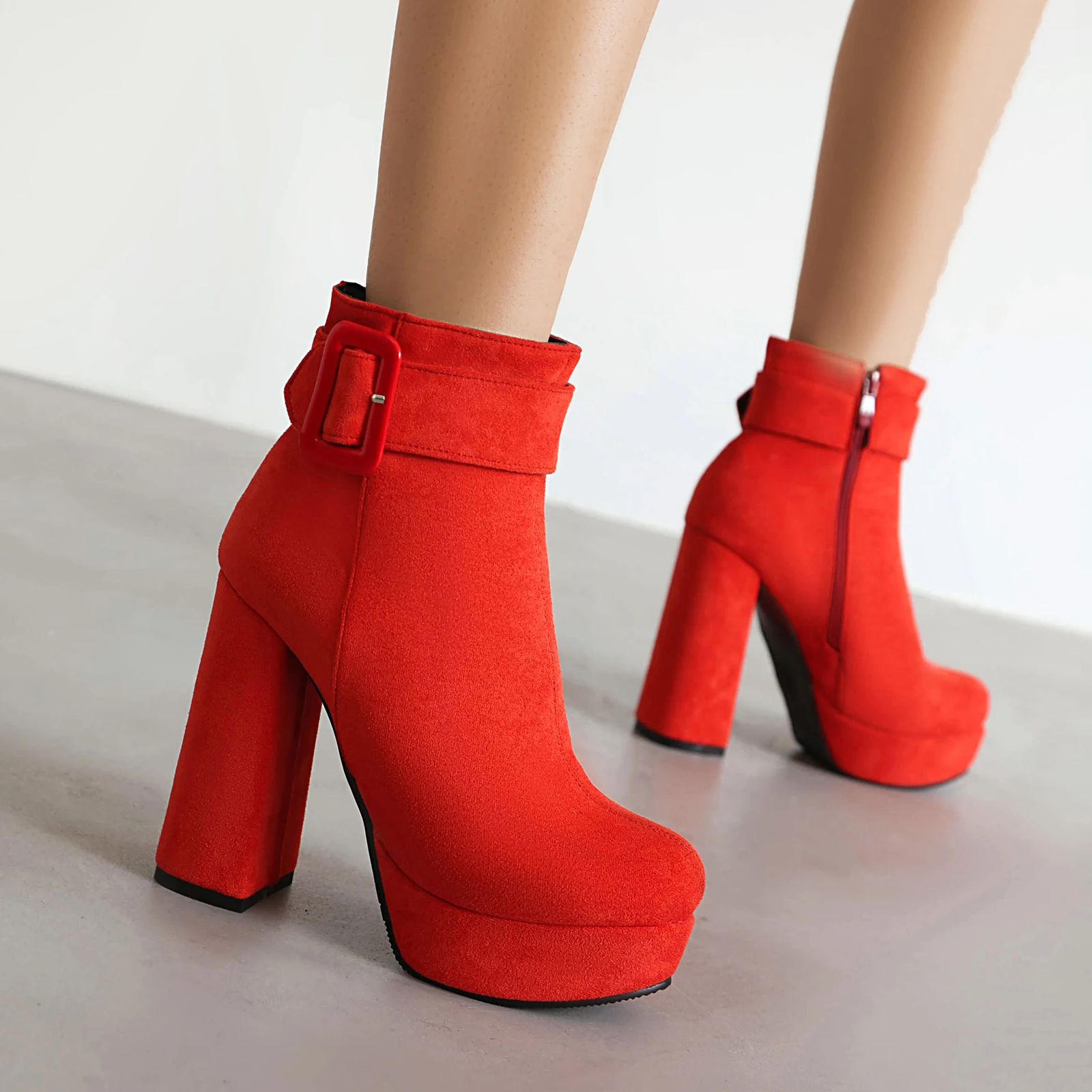 Women's Ankle Boots Red Black Flock Platform Shoes 2024 Autumn Winter Comfy Concise Block High Heels Footwear