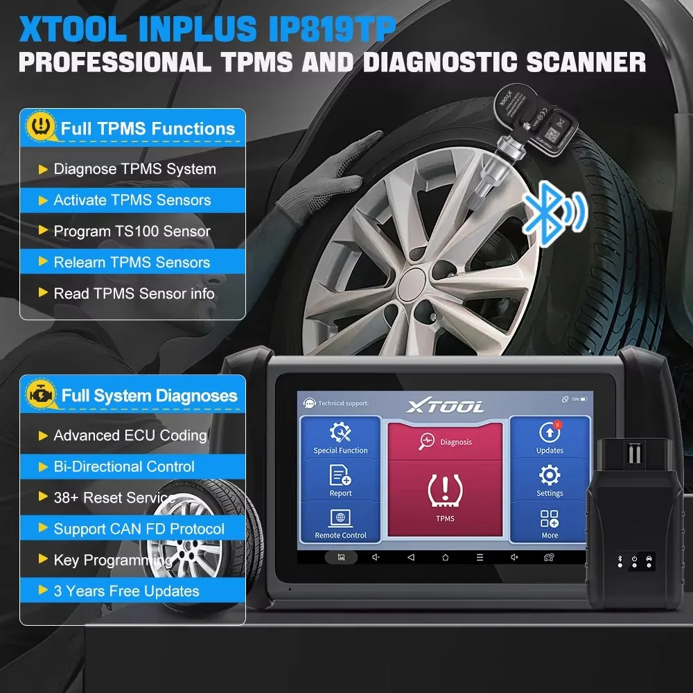 XTOOL InPlus IP819TP Bluetooth TPMS Tire Diagnostic Tool 315MHz & 433MHz, TPMS Diagnose, Relearn, Programming TS100 Sensors