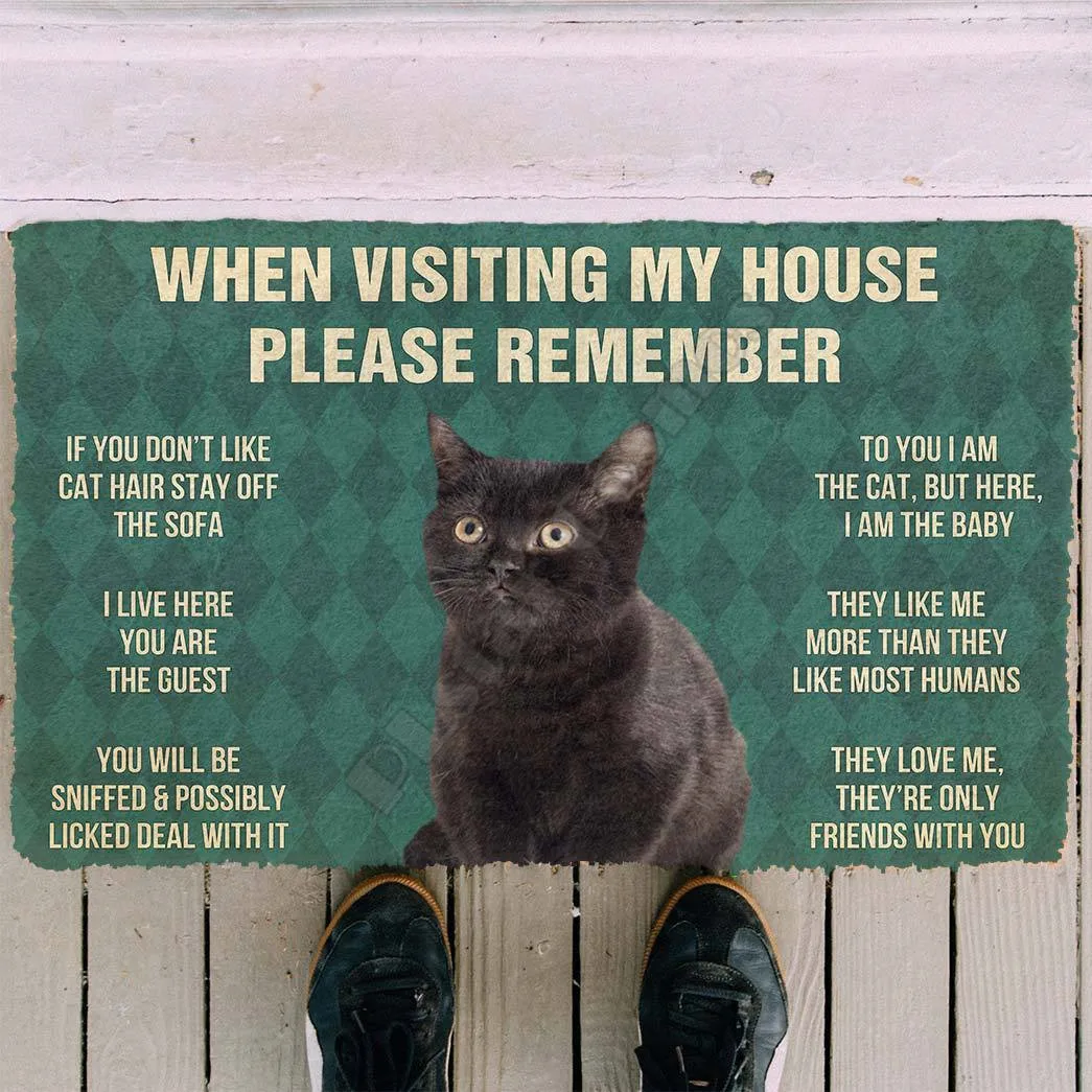 

Please Remember Black Kitten Cats House Rules Custom Doormat 3D Printed Indoor Outdoor Doormat Non-slip love dogs gift
