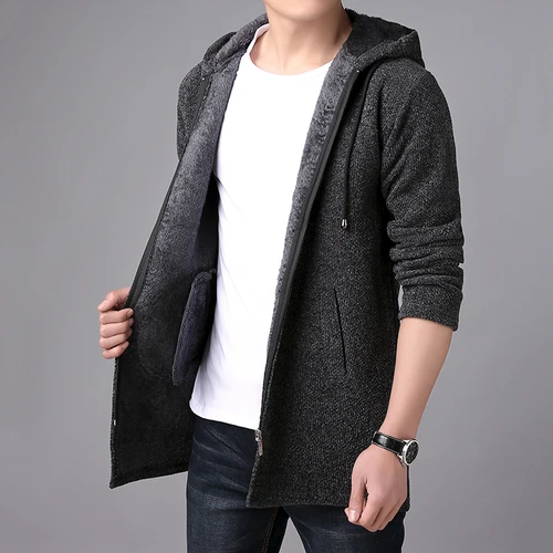 thumbnail image 1 of Nueva chaqueta con capucha de terciopelo para hombre, chaqueta con capucha, gabardina larga con capucha, abrigo polar, 1 of 5
