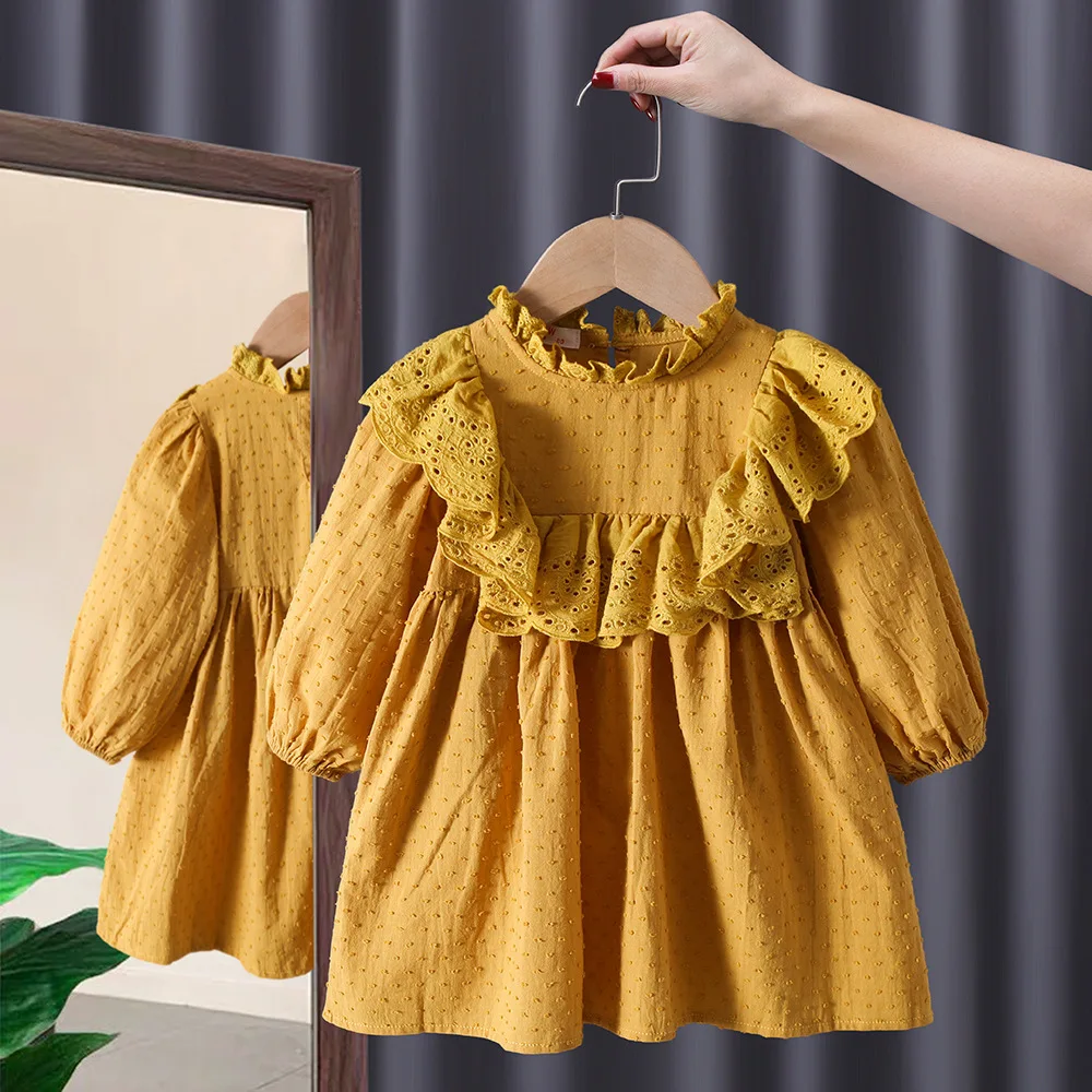 

Cotton Girls Dresses 2023 Autumn New Long Sleeve Solid Color Lace Embroidery Princess Dress Casual Kids Clothing For 1-7Years