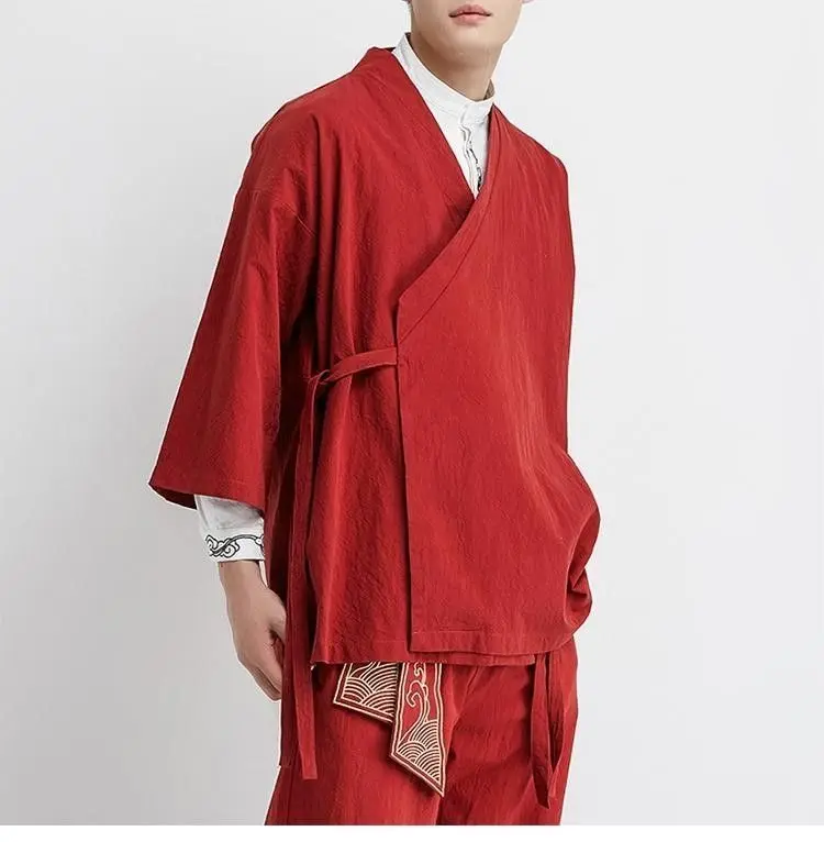 Plus Size Men's Kimono Cardigan Jacket Cotton Linen Japanese Yukata Haori Loose Open Front Hanfu Coat Samurai Costume Streetwear