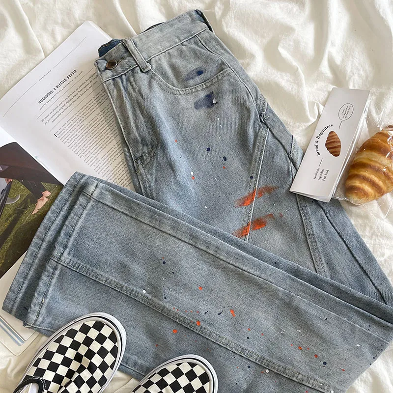

High street splash-ink watercolor printing design sense vintage wash straight casual jeans pants