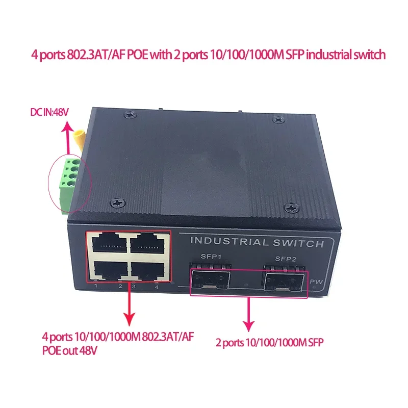 

4 ports 10/100/1000M 802.3at/af POE 48V with 2 ports10/100/1000M SFP Ethernet industrial swith