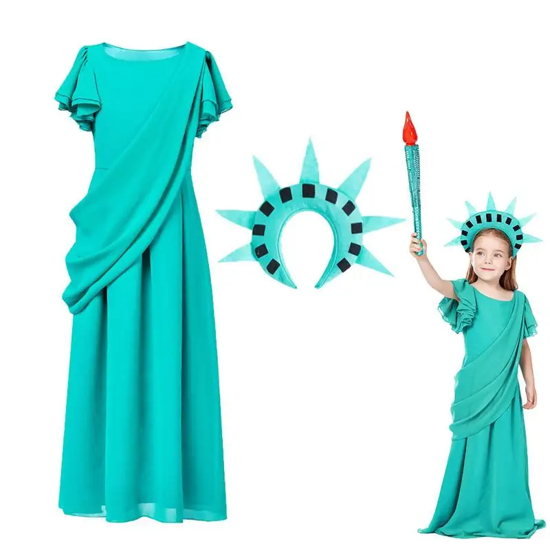 

Statue Of Liberty Cosplay Costume Greek Robe Fantasia Grown Liberty COS Clothing With Headwear for Girls Women party supply
