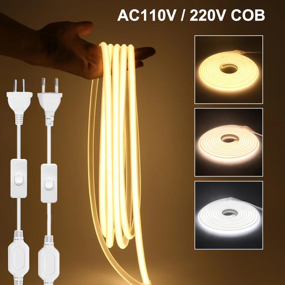 COB LED Strip Light 220V EU Plug 110V US Plug 288Leds/m Waterproof Outdoor Garden Decor LED Tape For Bedroom Kitchen Lighting