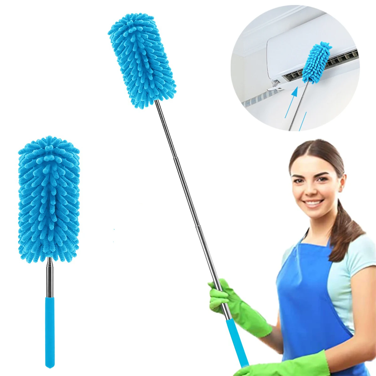 ZOFUN Modo di pulizia della polvere, 1,2 m, 2,5 m, spolverino telescopico piatto, lavabile, con asta telescopica in acciaio inox e panni lavabili per divano letto, mobili