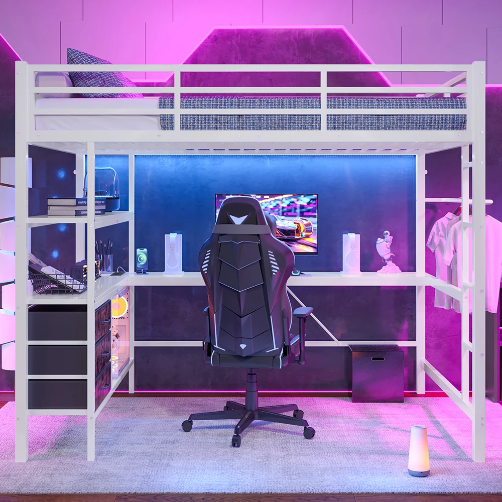 KOMHTOM 140×200 cm Hochbett mit LED-Beleuchtung, Schreibtisch, USB-Ladestation, 3 Schubladen, Regalen und Treppe, ohne Matratze – Detail 2
