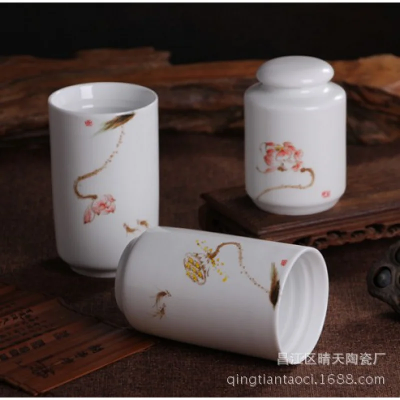 

★Jingdezhen Hand Painted Lotus Underglaze Pastel Ceramic Water Cup with Cans Creative Cup Set Combination