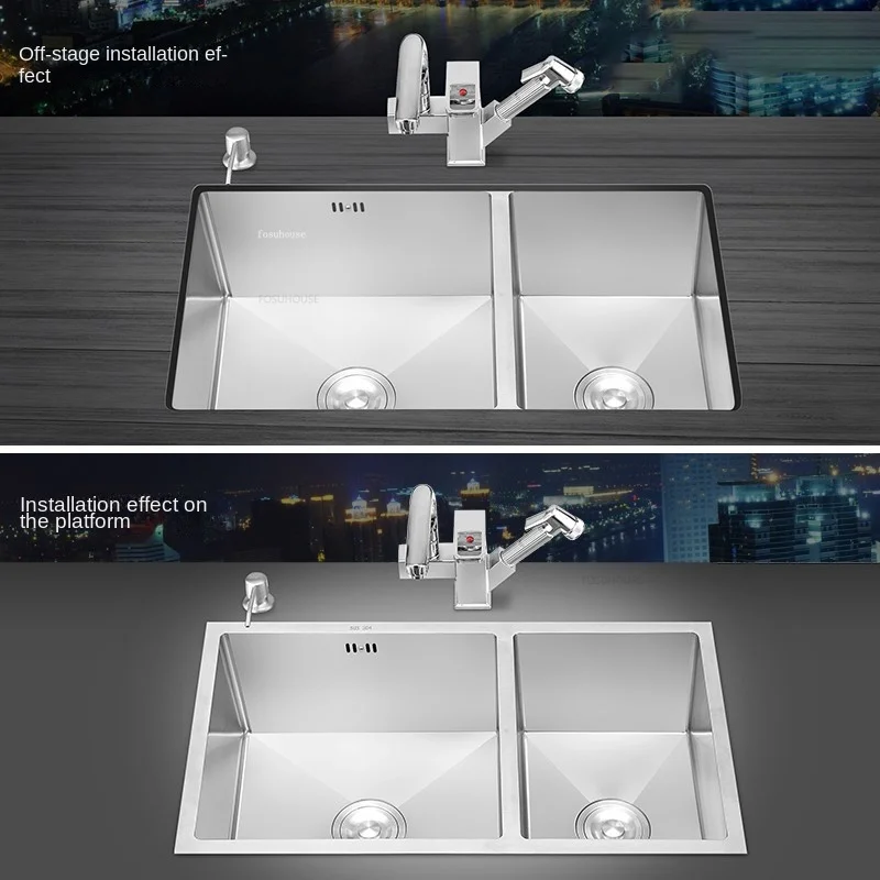 Home Stainless Steel Kitchen Sinks Kitchen Accessories Dish Drainer Handmade Double-slot Modern Embedded Under-counter Washbasin