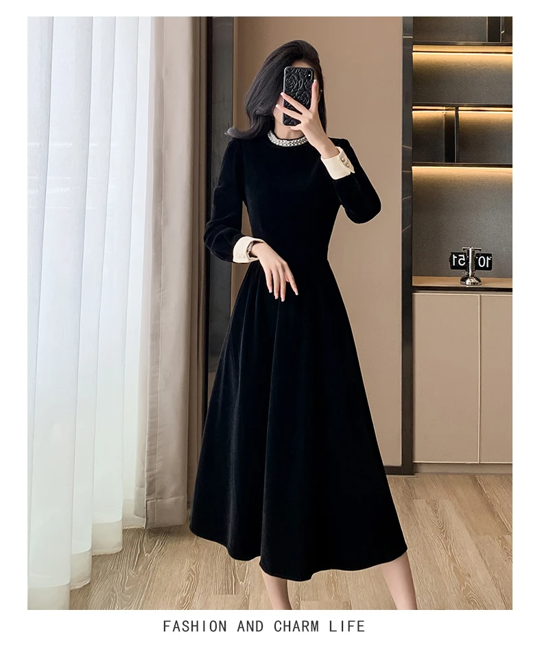 Mujer Primavera Verano Nuevo Elegante Terciopelo Patchwork Midi A Line Vestidos Oficina Dama Manga Larga Fiesta Moda Una Pieza Bata