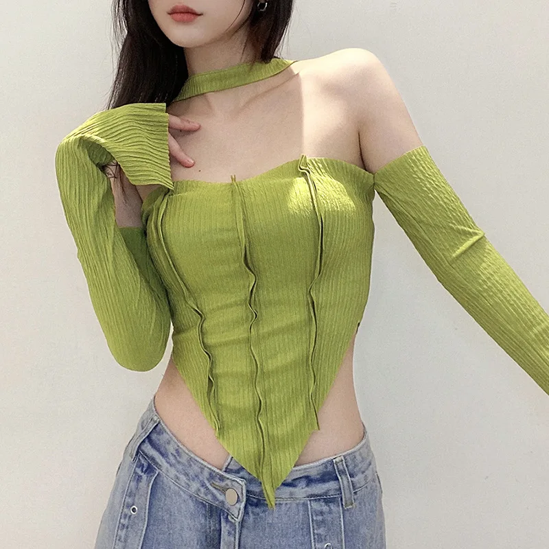 

2024 Spring and Autumn New Women's Solid Color Slim Fit with Navel Exposed Fashion Irregular Hanging Neck Small Tank Top for Wom