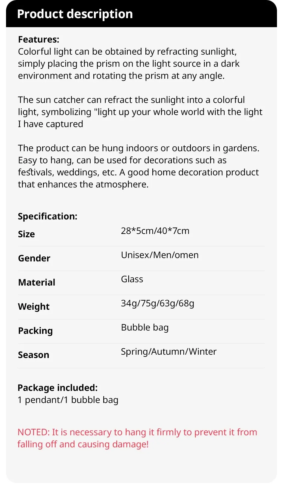 Description Picture 2 of item1 Piece Rainbow Made Crystal Suncatcher, Raw Stone Moon Home Decor for Garden Bedroom Balcony Pendant