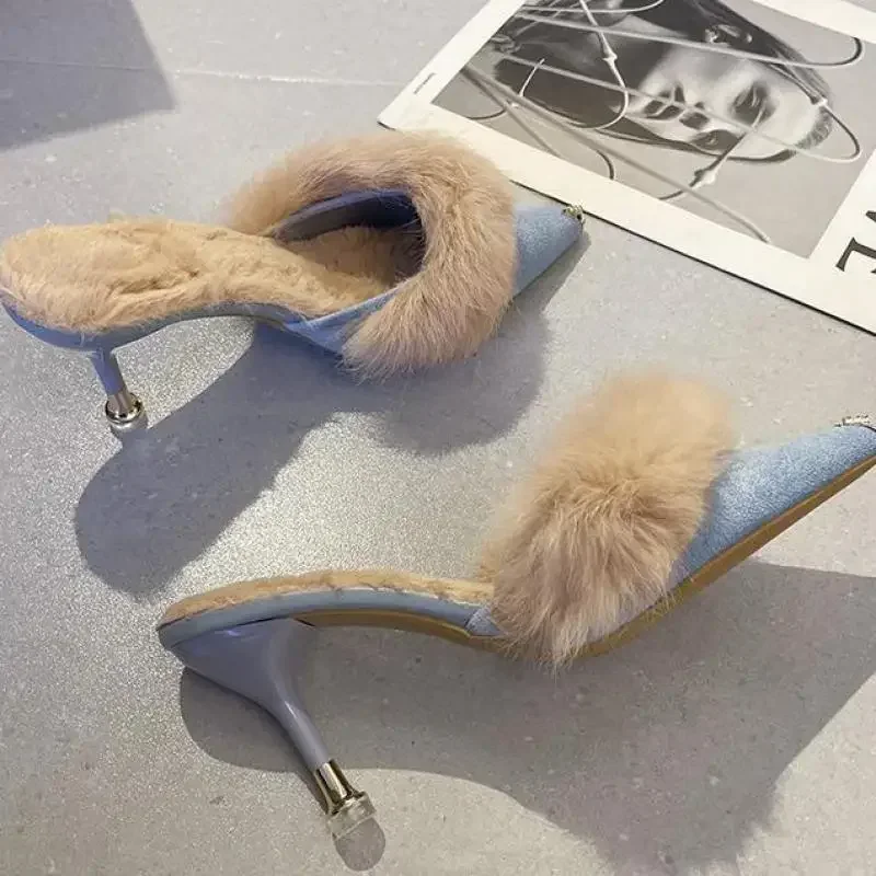 Fur Slippers Mules Pointed Toe Elegant High Heels Shoes Women's Autumn New Furry Slides Flip Flops Office Work Ytmtloy_voghion.com