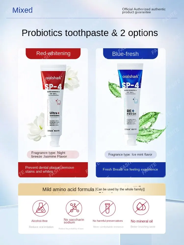 

Half toothpaste oral shark cleans teeth and freshens breath Probiotic enzymes whiten and inhibit bacteria.
