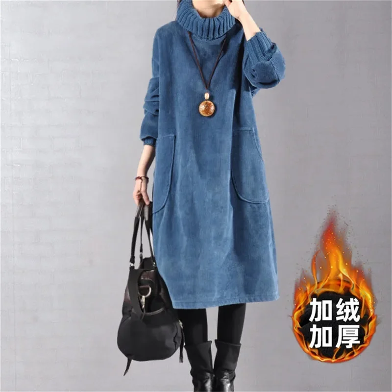 Knit High Neck Velvet Plus Long Corduroy Dress Female Pocket Dress SPring Autumn Dress Women's Long Knitted Dress Female Pullove