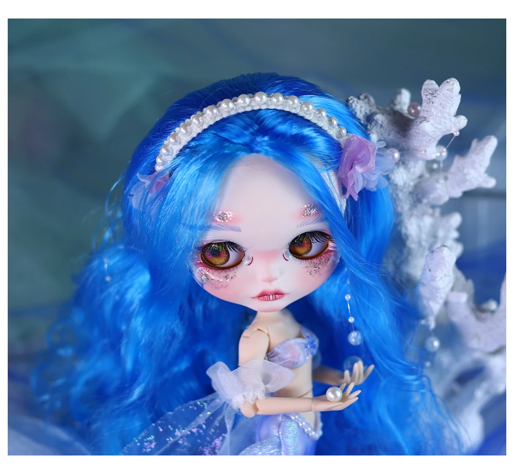 Nàng tiên cá - Cao cấp Custom Neo Blythe Búp bê tóc xanh da trắng khuôn mặt dễ thương mờ 15