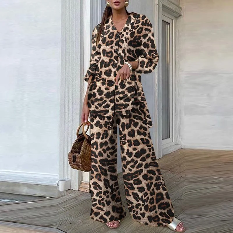 Two Piece Sets Women Leopard Print Long Sleeve Shirt Tops And Long Pants Wide Leg Trousers Casual Loose Suits Clothes Plus Size