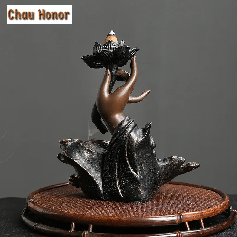 Backflow Incense Burner, Handmade Resin Lotus Buddha Hand Waterfall Incense Burner for Home Relaxation Lucky Feng Shui Decor