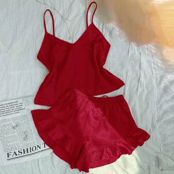 طقم بيجامة نسائية من الساتان الصلب ، توب كامي برقبة على شكل حرف V ، شورت بكشكشة ، ملابس نوم ، ملابس نوم 2