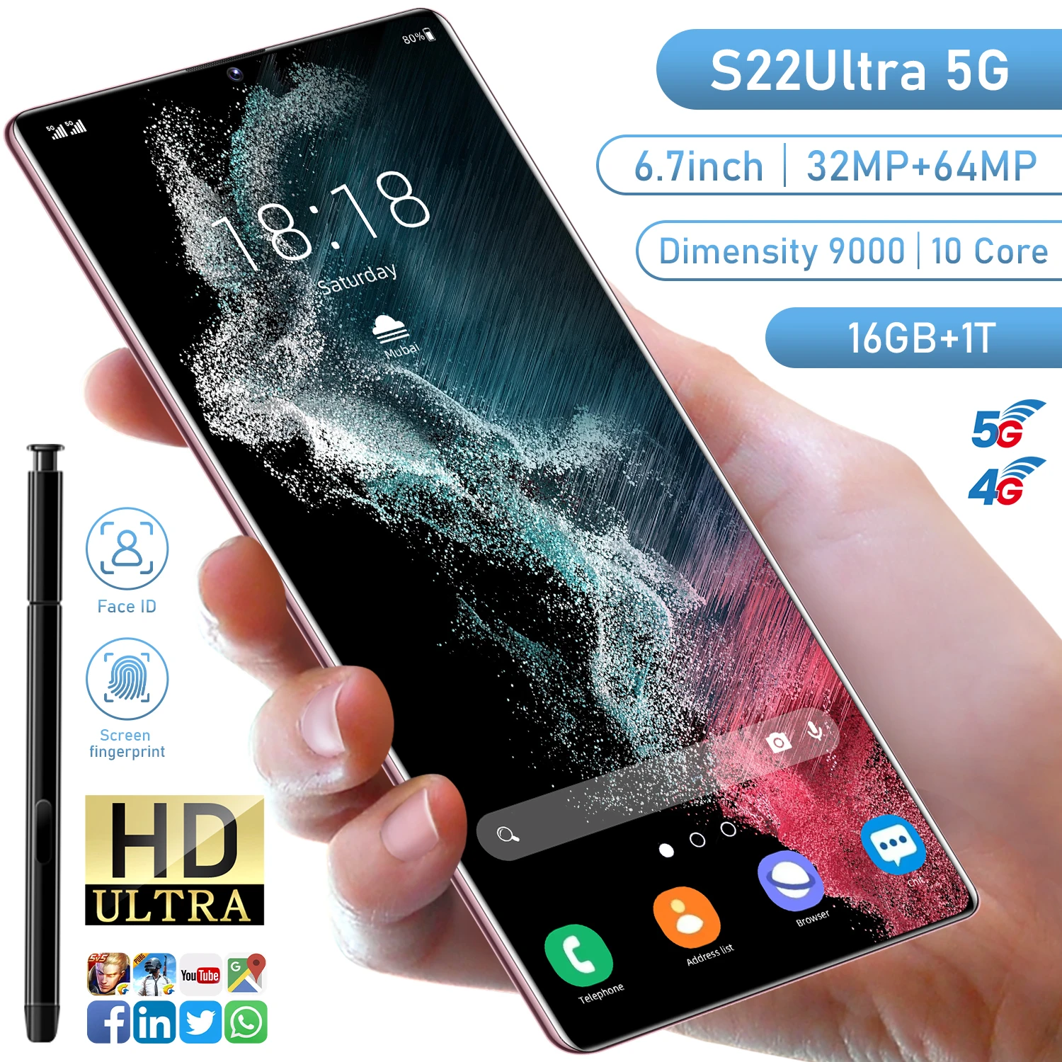 S22 Ultra SmartPhone Original 4G 5G Cell Phone Dual Sim 6.7 HD Screen Android 12 Celular 32MP+64MP Camera Unlocked Mobile Phones