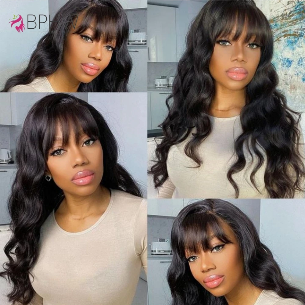 Human Hair Wigs Body Wave Human Hair 30 Inch Wigs With Bangs Full Machine Made For Women Natural Color 180% Density Long