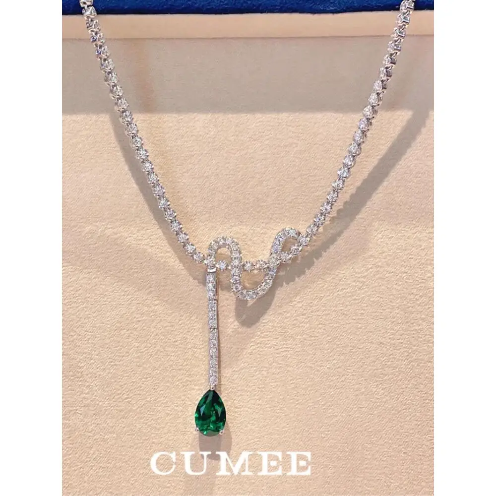CUMEE 925 Sterling Silver Exquisite Versatile Green pear Lab Created Emerald pendant Necklace with Silver and Gold Plating