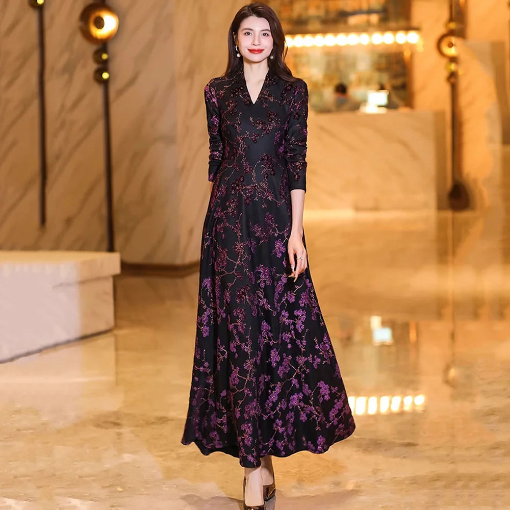 

New Women Autumn Winter Plus Velvet Thick Overlength Dress Fashion Jacquard Bright Silk Small V-Neck Long Sleeve Slim Dress