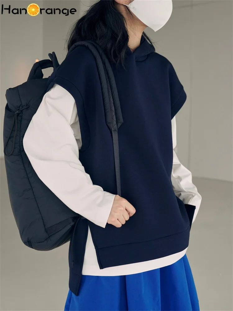 HanOrange 2023 Street Leisure Air Layer Hooded Vest Women Loose Silhouette Sleeveless Sweatshirt Top Female Khaki/Navy Blue велорюкзак deuter xv 3 khaki navy 3850418 2325