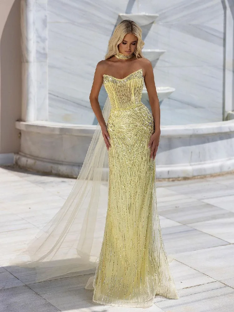 

Sparkly Mermaid Evening Dresses Sleeveless Bateau Halter Cape Sequins Beaded 3D Lace Diamonds Zipper Prom Dresses Custom Made