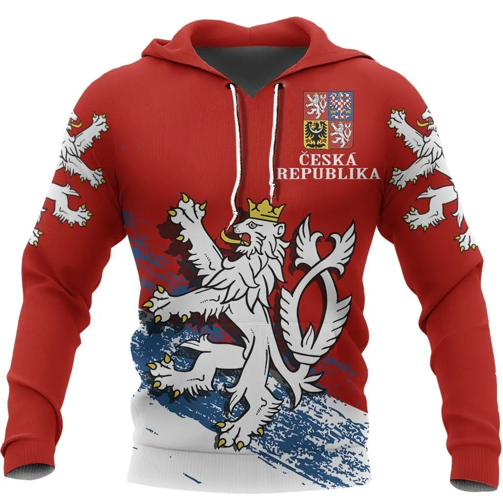 SOSHIRL Czech Republic Lion Animals Printed Sweatshirts Hoodies Casual Pullovers Hip Hop Streetwear Men Unisex Clothing