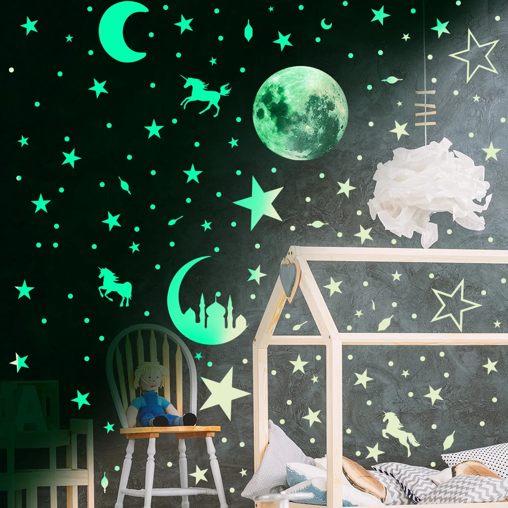 Luminous Moon and Stars Wall Stickers for Kids Room Baby Nursery Home Decoration Wall Decals Glow in the Dark Bedroom Ceiling