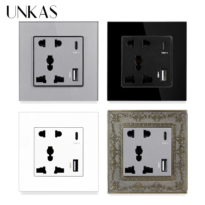 UNKAS Type-C USB Port Universal 5 Hole Pin Socket Glass Plastic 4D Embossing Zinc Alloy Panel 2.1A 5V Outlet
