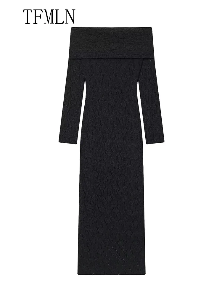 Elegant Slash Neck Lace Dresses For Women 2025 New Fashion Chic Side Zipper Causal Dress Vintage Long Sleeve Evening Party Dress