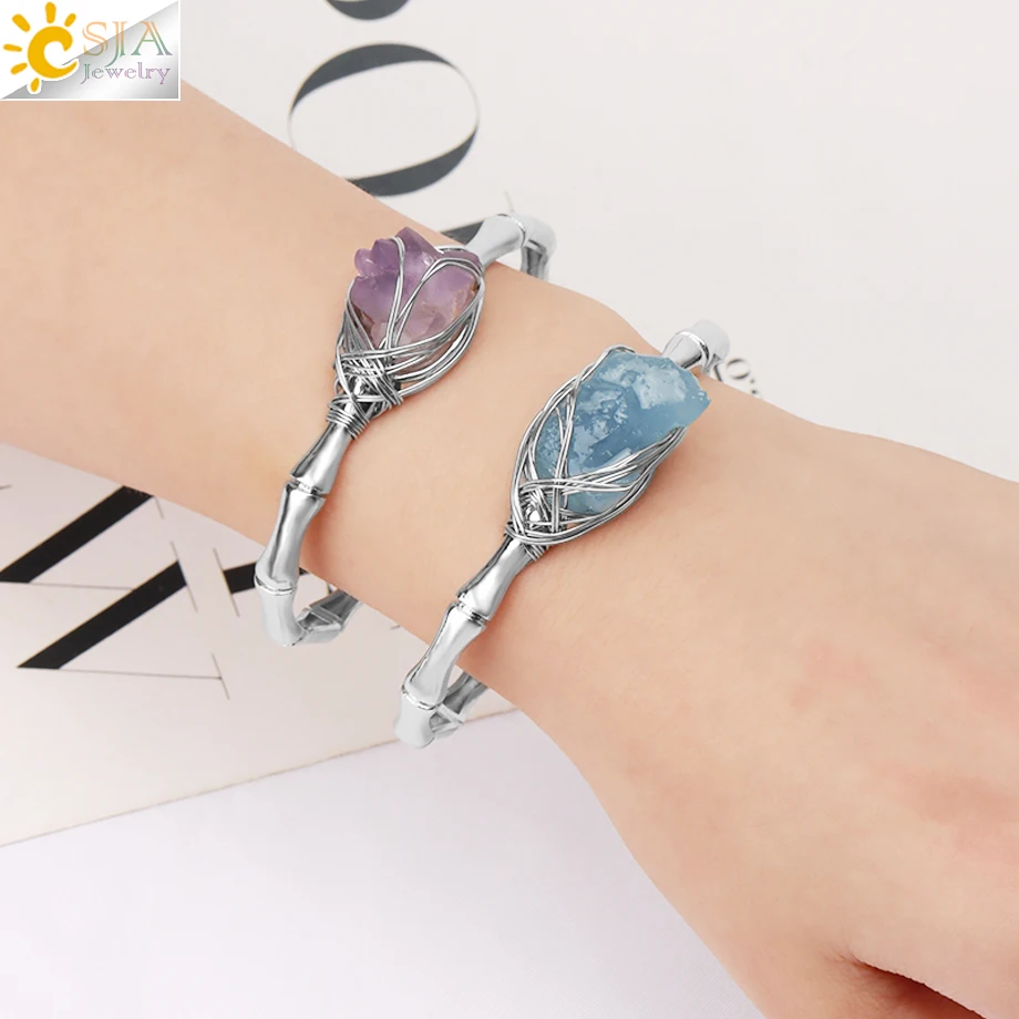 CSJA Natural Stone Cuff Bracelets Women Silver Color Wire Wrapped Irregular Raw Amethysts Aquamarine Crystal Healing Bangle H274