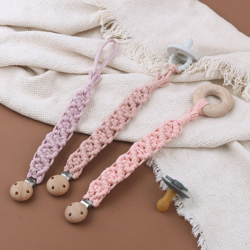 Vintage Crochet Baby Pacifier Clip Chain Woven Cotton Beech Wood Pacifier Clip DIY Nipple Holder Baby Teething Toy G99C