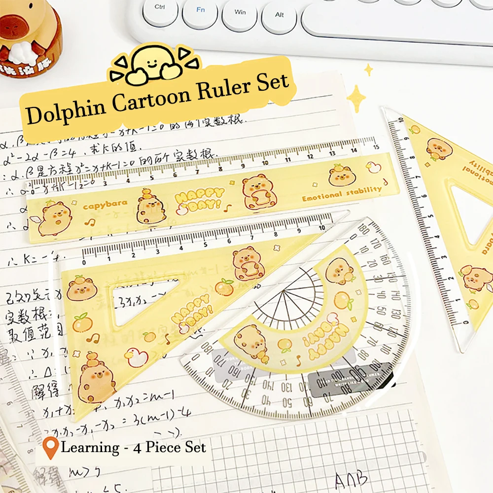 1Set Cartoon Cute Plastic Capybara Ruler Measurement Geometry Triangle Ruler Straightedge Protractor School Office Supplies