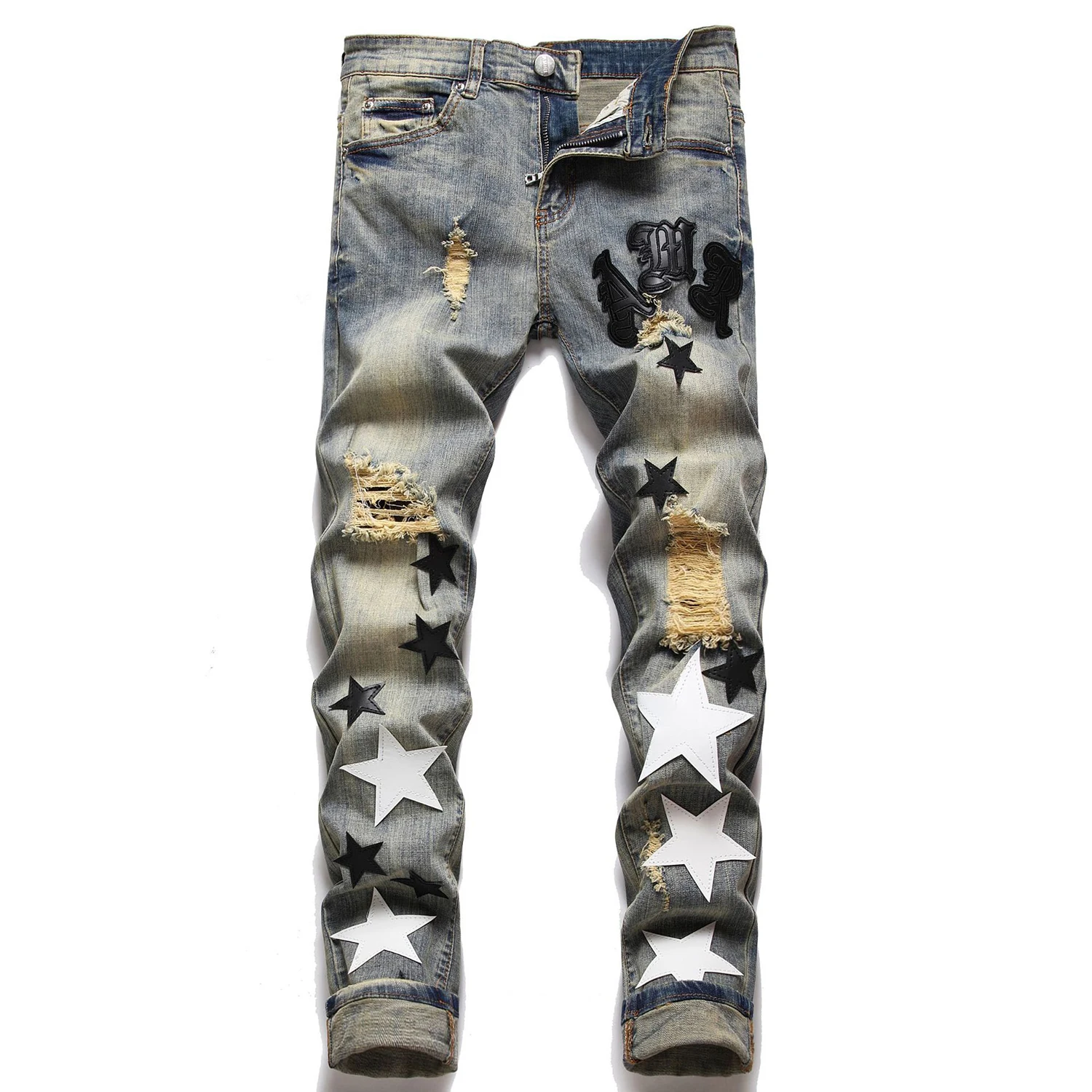 

Light Luxury Men’s Slim-fit Punk Blue Denim Pants,Star Embroidery Decors Ripped Trendy Casual Pants, Stylish Sexy Street Jeans ;