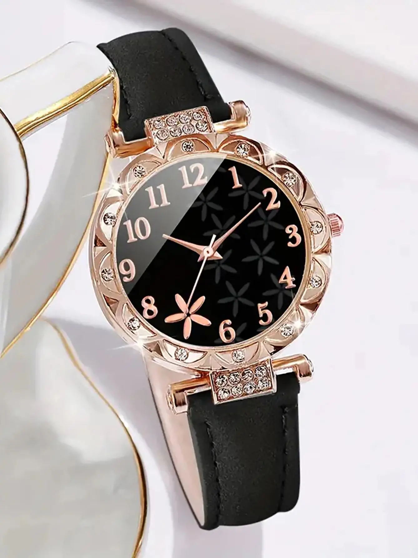 6PCS elegant black leaf plant print ladies quartz watch with black feather Love bracelet set selected gift 4