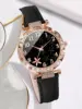 6PCS elegant black leaf plant print ladies quartz watch with black feather Love bracelet set selected gift 4